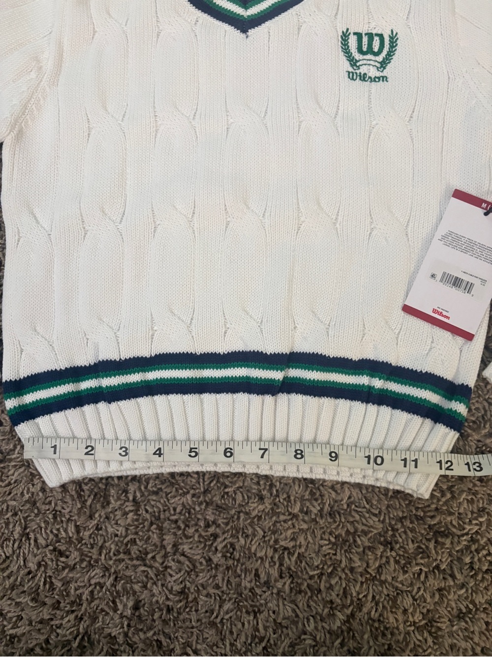 Wilson White Cable-Knit V-Neck Sweater with Green & Navy Stripes - Picture 10 of 11